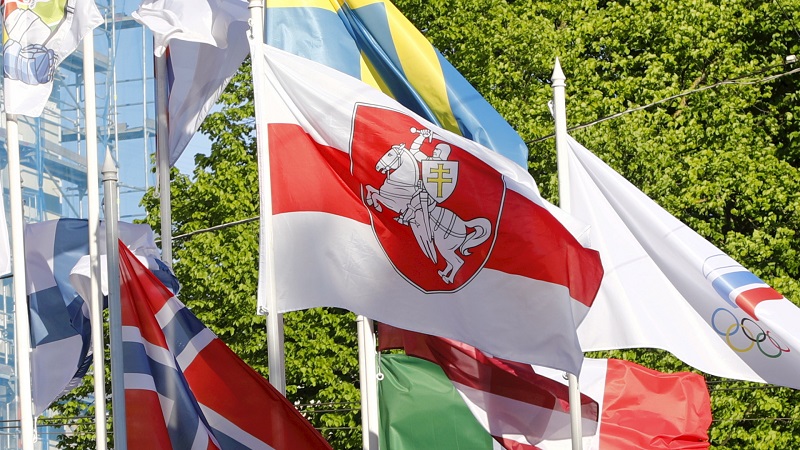 Belarusian opposition flag at IIHF World Ice Hockey Championships in Riga